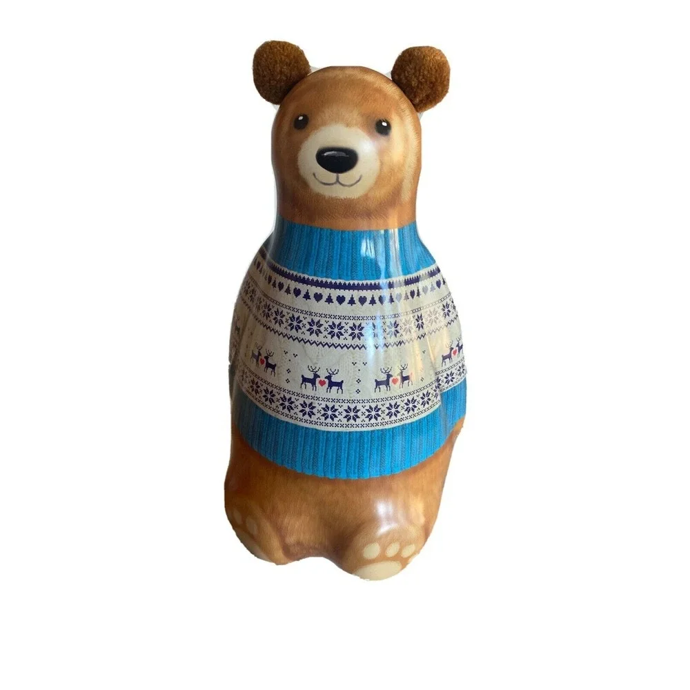 Bear Shaped Metal Tin Brown Blue Fair Isle Sweater Reindeer Holiday Decor
